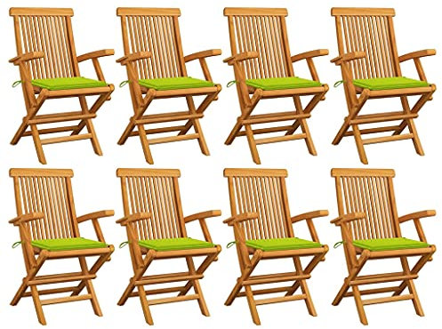 vidaXL 8X Teak Massiv Gartenstuhl mit Hellgrünen Kissen Armlehnen Klappbar Holzstuhl Stuhl Stühle Klappstuhl Gartenstühle Terrasse Balkon Gartenmöbel