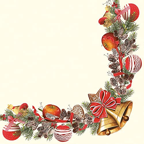 Auswahl Motiv - 20 Servietten/Napkins - ca. 33 x 33 cm 3-lagig - weihnachtlicher Rahmen mit Glocken Äpfeln Zweigen Zapfen - Tisch-Deko Basteln Serviettentechnik