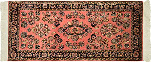 Sarough Teppich 70x140 Handgeknüpft Rosa Floral Wolle Kurzflor Rug d