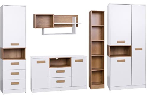 Marmex Kinderzimmer Komplettes Set Grant G, im Set: Kleiderschrank G1, Geschlossener Büchregal G6, Schmales bücherregal G7, Kommode mit Schubladen G5, Wandregal G3 - Farbe Weiß + Riviera Eiche