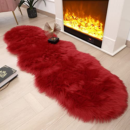 CKLZSAY Kunstfell-Teppich, 60 x 182 cm, Rot, zotteliges Schaffell, maschinenwaschbar, flauschiger Teppich, superweich, flauschig, Plüsch-Teppich für Schlafzimmer, Wohnzimmer, Boden, Kinderzimmer