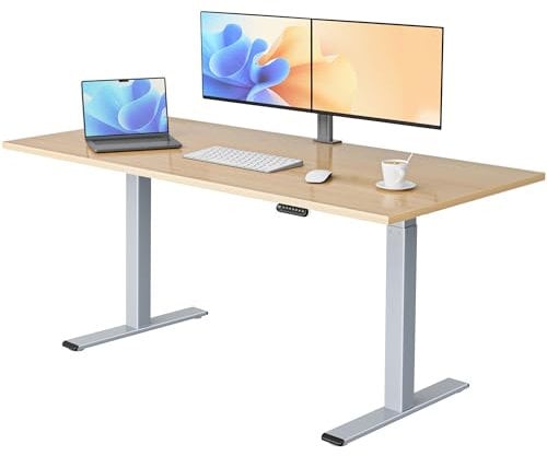 E.For.U® höhenverstellbarer Schreibtisch 180x80 cm, 2 Motoren, elektrisch höhenverstellbares Tischgestell mit 2-Fach-Teleskop, Memory-Steuerung (Silber), DT20L mit Tischplatte (Buche)