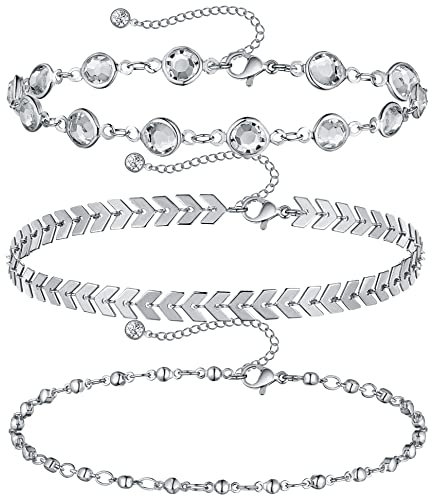 VGWON Bracelet de Cheville Argenté pour Femme en Acier Inoxydable, Plaqué Or 14K, Bracelet de Cheville en Perles D'Argent et Quartz Zirconien pour le Tennis