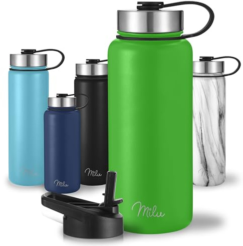 Milu Edelstahl Trinkflasche 500ml 750ml 1000ml (+3 Deckel) - Thermosflasche mit Strohhalm, Isolierte Wasserflasche, Auslaufsichere Isolierflasche doppelwandig, Kohlensäure geeignet (Apfelgrün, 500ml)