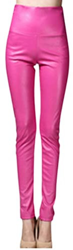 Onsoyours Leggings in Ecopelle Pantaloni da Donna Elasticizzati in Pelle a Vita Alta con Sollevamento del Sedere Skinny Leggings Foderati in Pile per Le Donne Fucsia M