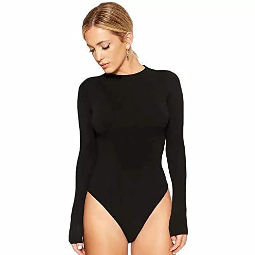 HSAJS Women Long Sleeves Bodysuit Crew Neck Leotard Shapewear Tummy Control Stretch Sexy Jumpsuit Tops Body Shaper Plain Color Tops