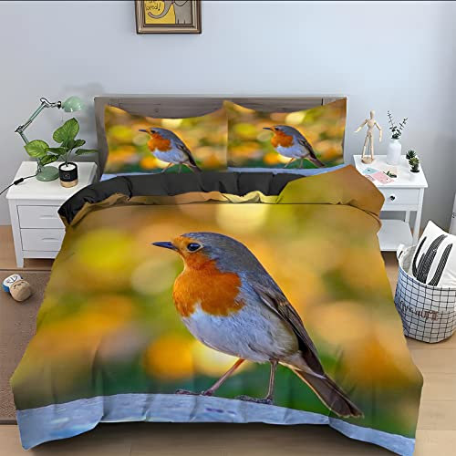Winter Bettwäsche 135x200 gelbes Rotkehlchen Bettwäsche-Sets 3D Drucken Luftdurchlässiger Bettbezug + 2 Kissenbezug 80x80 cm mit Reißverschluss Geeignet für Kinder, Baby