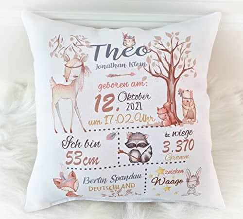 Lolleby´s Kindertraumland Kissen Waldtiere - Personalisiert - mit Füllung - Geburtskissen - Geschenk zur Taufe oder Geburt - Babygeschenk - Junge