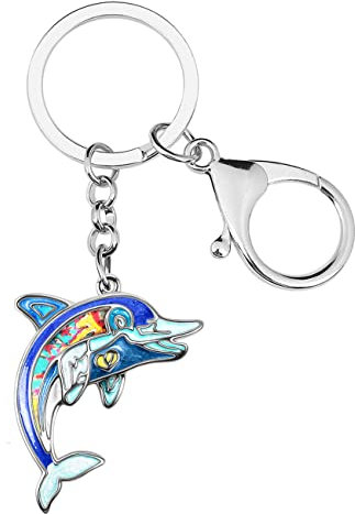 LONYOO Emaille Hai Schlüsselanhänger Qualle Oktopus Delphin Wal Seepferdchen Schlüsselanhänger für Frauen Mädchen Sommer Meer Tiere Geschenke (Delphin Schlüsselanhänger Blau)