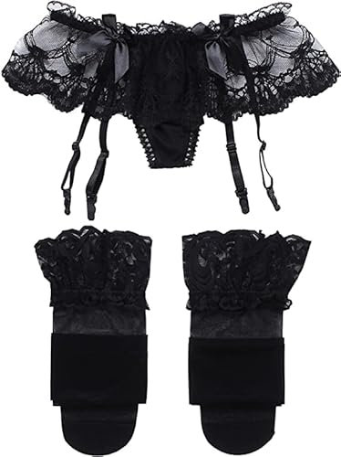 VicSec Damen Elegant Sexy Strumpfgürtel Spitze Strumpfhalter Hosenträgern Strumpfbänder Strapshalter mit 4 Verstellbaren Clips Strapsgürtel Verstellbare 3-TLG (Strumpfbänder+ G-String+ Strümpfe Set)