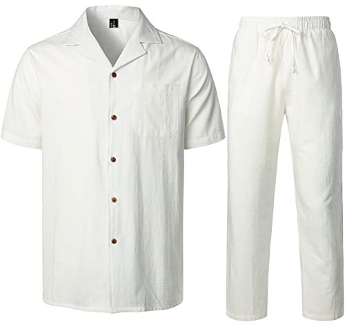 LucMatton 2-teiliges lässiges Leinen-Outfit für Herren, Sommer, kubanischer Kragen, Wanderanzüge für Strandurlaub, weiß, L