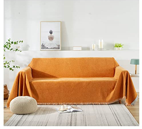 KAISUN Sofabezug 2 3 4 Sitzer Multifunktionale Dekorative Sofa Überwurf mit Quasten, L U Form Ecksofa Sofa-Handtuch Abwaschbar (Color : Orange, Size : 180x260cm)