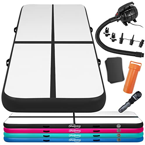 Physionics® Air Matte Track - 3/4/5/6/7/8 m, aufblasbar, mit elektrischer Luftpumpe, Farbwahl - Turnmatte, Gymnastikmatte, Tumbling Matte, Trainingsmatte, Fitnessmatt, Yogamatte (Schwarz, 400x100x10)