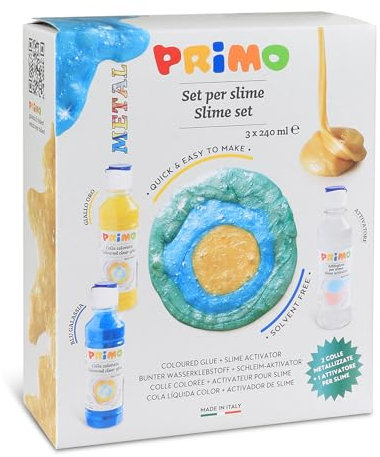 PRIMO - Colla Liquida Trasparente Colorata Ideale per Slime per Bambini, 2 Colle a Colori Metallizzate 240ml con Dosatore + Attivatore 240ml Set Valigetta Cartoleria per Lavoretti Creativi e Découpage