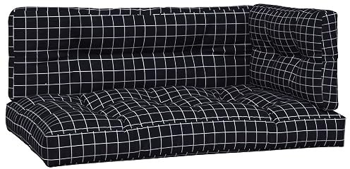 vidaXL Palettenkissen 3 TLG., Kissen für Gartenmöbel Hocker Sofa, Wasserabweisendes Sofakissen, Sitzkissen Palettenpolster, Schwarz Karomuster Stoff
