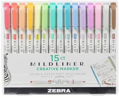 Zebra Pen Textmarker mit doppelter Spitze, Pastell-Textmarker für Erwachsene, breite und feine Spitze, Marker und Textmarker für Komfort, doppelseitige Mildliner-Textmarker, 15 Stück, verschiedene