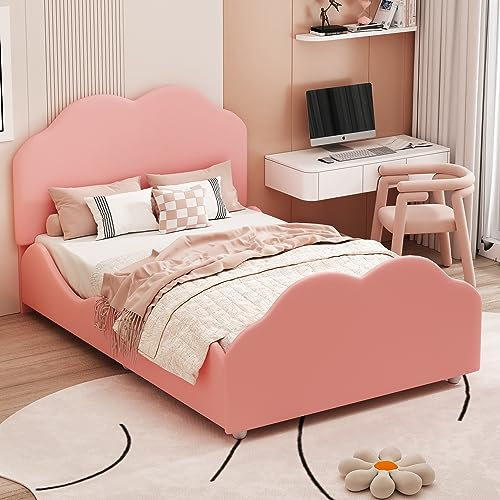 Moimhear Lettino imbottito per bambini, 90 x 200 cm, telaio alto con testa e pediera a forma di nuvola, letto singolo in velluto rosa delicato sulla pelle (rosa)
