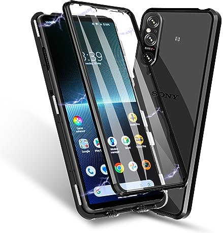 MeiyueEr für Sony Xperia 1 V Hülle, Magnetische Adsorption Metallrahmen Einteiliges 360 Grad Gehärtetes Glas Schutzhülle Panzerglasfolie Durchsichtige Cover, Schwarz