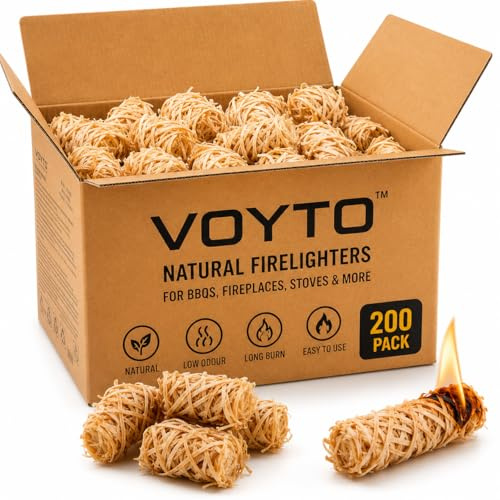 VOYTO Accendino naturale - 200 accendifuoco in lana di legno ecologica e cera per barbecue, forno per pizza, stufe a legna e caminetti, inodore, accensione rapida, lunga durata, privo di sostanze