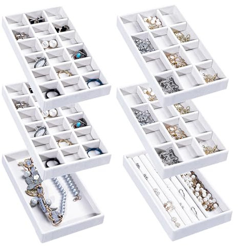 Frebeauty Schmuck-Organizer-Tablett, stapelbare Samt-Schmucktabletts, Schubladeneinsätze, Ohrring-Organizer für Damen, Schmuckaufbewahrung, Vitrine für Ringe, Ohrstecker, Halsketten, Weiß, 6 Stück