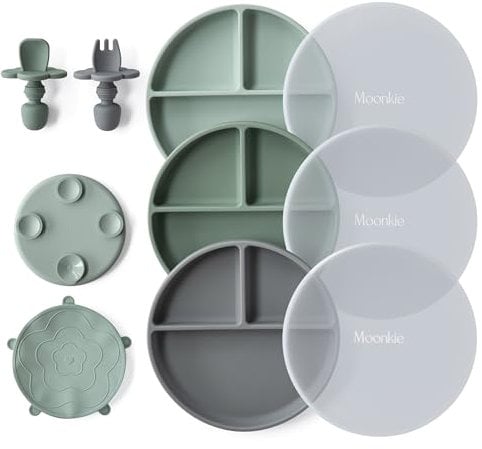 Moonkie Platos Bebe Silicona, 3 Piezas Plato Antivuelco Bebe, con Tenedor y Cuchara, Plato Ventosa Bebe, Apto para Lavavajillas,Refrigeradores y Microondas(Menta/Verde grisáceo/Gris lunar)