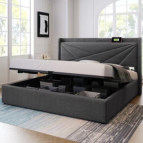 Merax Polsterbett 180 x 200 cm, Hydraulisch Doppelbett mit USB Typ C Ladefunktion Kopfteil, Stauraumbetten Bettgestell mit Lattenrost, Leinen-Oberfläche, Erwachsenen Jugendbett, Ohne Matratze, Grau