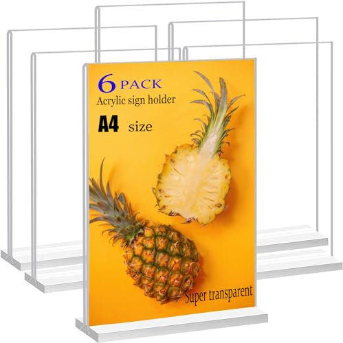 JIMITOP Support de panneau en acrylique de format A4, affichage double face transparent pour menu de mariage, décoration de fête, cadre photo (6 PCS)