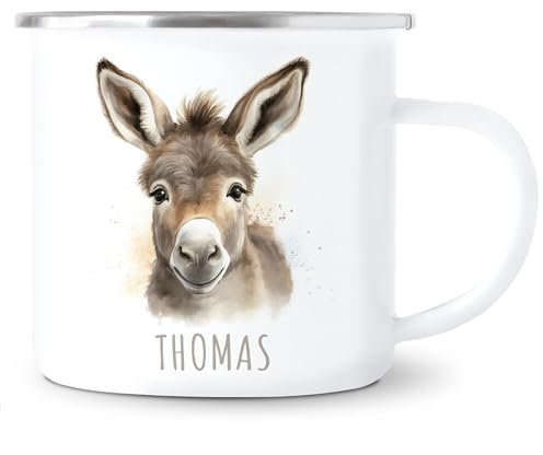 Esel Emaille Tasse Kinder Trinkbecher personalisierte Kindertasse mit Namen süßer Kinderbecher für Mädchen & Jungen Geschenk Emaille Becher 300 ml