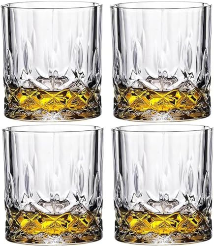 NAVACALA Whiskey Glasses, Set of 4 Water Juice Tumbler Tilted Scotch Glass 300ml Whisky Glass, Glassware for Bourbon/Rum/Bar Tumbler (Diamond)