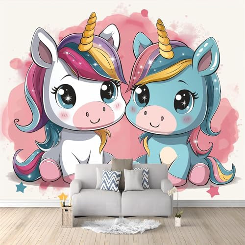 Fototapete Cartoon-Einhorn Wandtapete für Schlafzimmer und Wohnzimmer - Vlies Tapeten mit UV-Beständigkeit und Geruchsfreiheit - Wandbild mit für Teenager Jungen und Mädchen