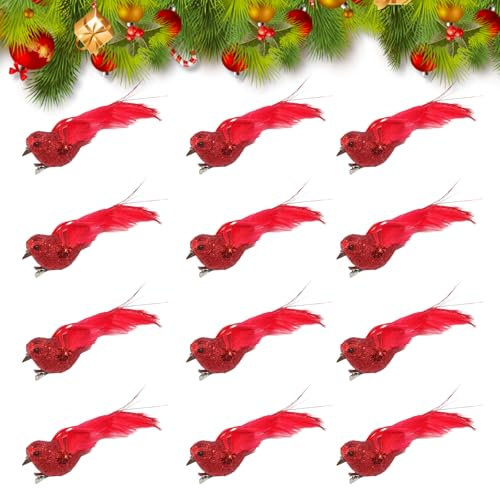 Vidillo 12Pcs Christmas Bird Ornaments, Red Bird Christmas Tree Decoration Clip-on Simulation Bird Long Feathers Foam Birds Christmas Decoration Craft Bird Decoration for Christmas Home Decoration