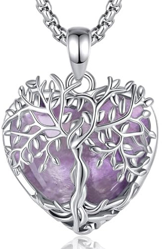 AEONSLOVE Collier Arbre de Vie Coeur Pendentif Amethyste Pierre Naturelle Pendentif Arbre de Vie Femme Pendentif en Cristal de Guérison Bijoux en Améthyste Cadeau Fete des Meres