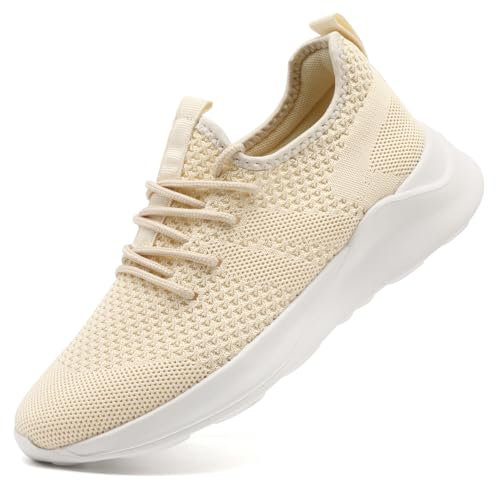 LANGFEUU Damen Turnschuhe Sneaker Schuhe Damen Sportschuhe Laufschuhe Tennisschuhe Outdoor Running Damen Walkingschuhe Straßenlaufschuhe rutschfest Atmungsaktiv Leichtgewichts Hellbeige 39