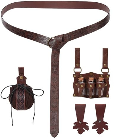 NBEADS Mittelalterliche Alchemy-Gürteltasche Set, Blatt Gürteltasche Mittelalterliche Wikinger Trank Flaschen Ledergürtel Rock Wanderungen Renaissance Gürtel Zubehör für Halloween, Kokosnussbraun