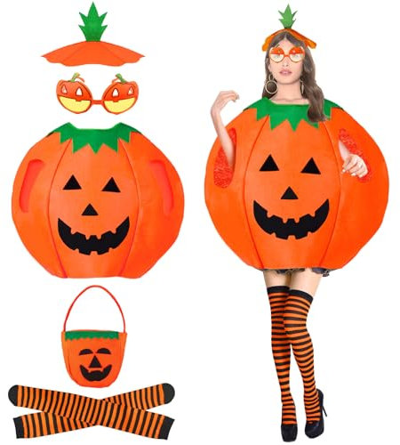 Halloween Kostüm Kürbis, 6 PCS Erwachsenenkostüm mit Hut, Süßigkeitentasche und Gläser, Cosplay Party Kleidung