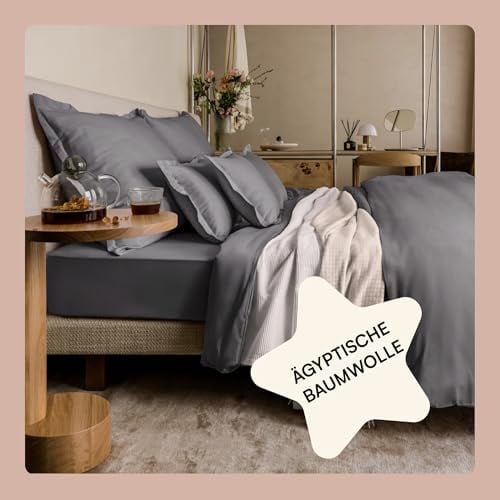 Amqua Bettwäsche Satin 200x220 | Kissenbezug 40x80 Dunkelgrau | Wie Seide | Ägyptische Baumwolle | Bettbezug Grau