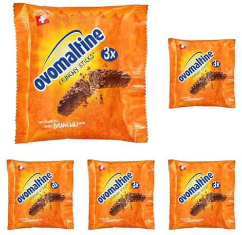 Ovomaltine Crunchy Stick Schoko-Riegel aus Schweizer Vollmilch Schokolade mit Ovomaltine-Creme, Reiscrispies und feinstem Kakao-Pulver, nachhaltig (3 x 22g) (Packung mit 5)