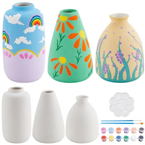 WEBEEDY 3 Sets Vase Pottery Painting Kit for Adults Paint Your Own Vase Ceramic Painting Kit Unpainted White Vases for Art Paint Party Birthday Fun Activity Mother's Day Home Decor Gift (3 Shapes)