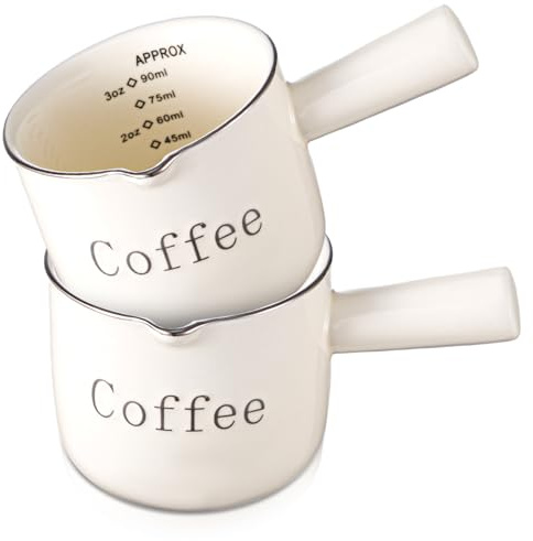 Maxdot Paquete de 2 tazas medidoras de café espresso con asa de 3 onzas / 90 ml de cerámica con boca en forma de V, color blanco para hacer espuma de café