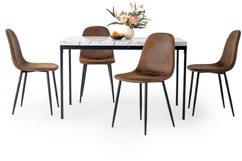 FurnitureR 5-teiliges Esszimmer Set, 120cm weißer Marmor Effekt Küchentisch mit Heavy Duty Metallbeinen 4 Wildleder Tan braune Stühle,Esszimmer Restaurant Apartments