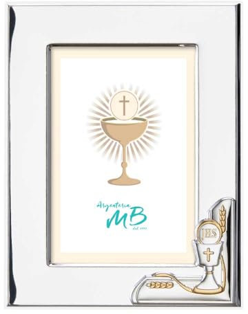 Portafoto per La Prima Comunione con Calice Ostia e Spiga di Grano, Cornice Personalizzabile con Incisione Realizzata in Argento PVD cm 13 x 18