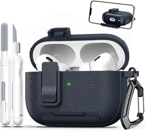 MHYALUDO Kompatibel mit AirPods Pro 2. Generation mit Verriegelungsmechanismus, Leder-Textur TPU Material,Staubgeschützter Ladeanschluss & integrierter Ständer für Airpods Pro 2 Case,Mitternachtsblau