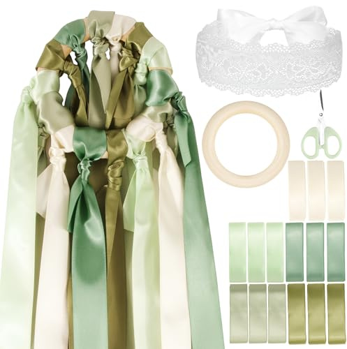 BOFUNX 15pcs Brautstrauß Seidenbänder + Holzring + Spitze Augenbinde + Schere, Hochzeit Blumenstrauß Bänder Set Kreatives Hochzeitsspiele für Braut Gäste