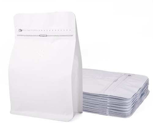 Crafans 10Pcs Coffee Bags with Valve Resealable Coffee Beans Storage Bags Zipper Bag Rectangle Flat Bottom Standing Zipper Pouches Heat Seal Side for Candy Snake Cookies Storage, White