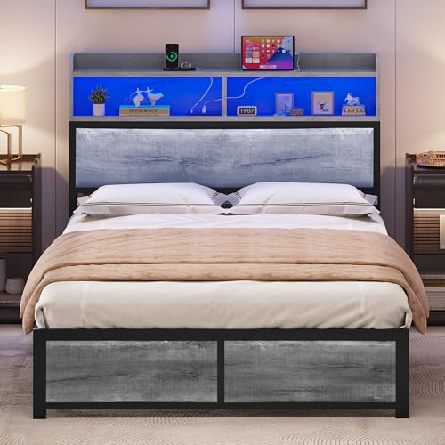 YITAHOME Bed Frame,LED with Headboard,USB Ports & Charging Outlets,Metal Platform Bed Frame with 2 Tiers Storage Shelves, No Box Spring Needed Double Size
