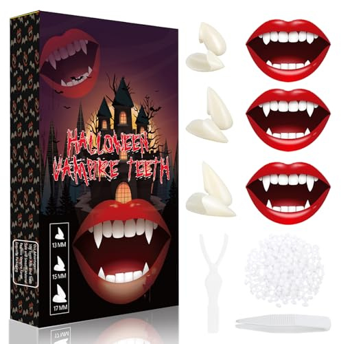 Vampir Zähne für Halloween, 3 Größen Vampirzähne Fangs mit Zahnkleber, Zähne Pellets Klebstoff, Vampire Teeth für Erwachsene & Kinder, Vampirzähne Kostüm Zubehör Cosplay Party Kostüm Accessoires