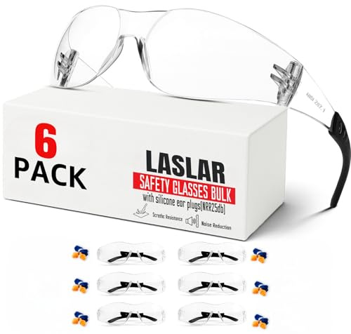 Laslar Safety Glasses Men&Women 6 pack with 6pairs silicone ear plugs, Scratch-resistant clear safety glasses, anti-UV for Construction,Target shooting&other work
