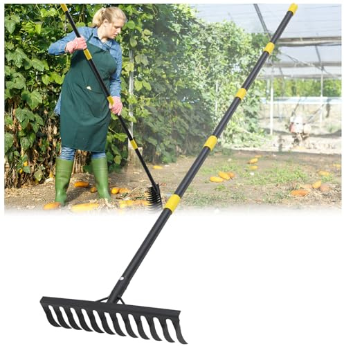 Garden Rake, 118 cm Bow Rake with 12Tines, Adjustable Long Handle Rake for Loosening Soil, Cleaning Leaves, Weeding, Thatch, Garden Tool