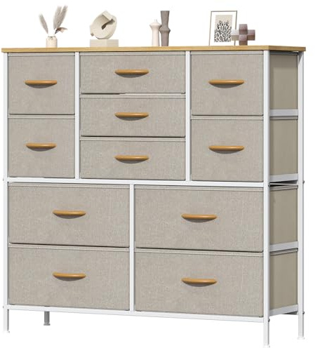 Feonase Chest of Drawers, Bedroom Tall Dresser with 11 Fabric Drawers, Metal Frame & MDF Wood Top, Adjustable Feet, Storage Organizer Unit for Bedroom, Closet, Living Room, Hallway, Khaki