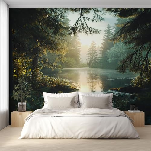 Générique Papier Peint Panoramique Paysage Forestier, Papier Peint Pin Lac Soleil 366 x 254 cm, Photo Décoration Murale, Papiers Peints Intissé Décoration Murale Salon Chambre EL&D57